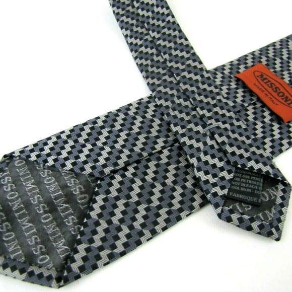 MISSONI Tie Black Gunmetal Gray ZigZag Stripes - Picture 6 of 7